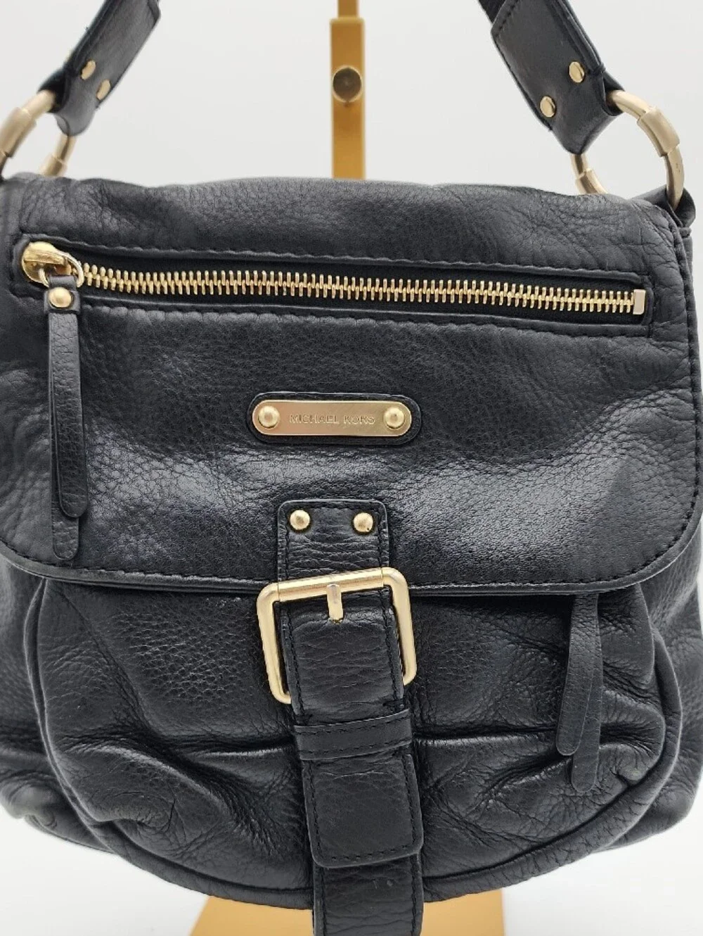 Michael Kors Black Leather Satchel, Crossbody with Gold Hardware